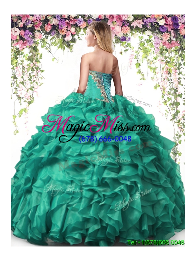 wholesale hot sale turquoise organza quinceanera dress with beading and ruffles