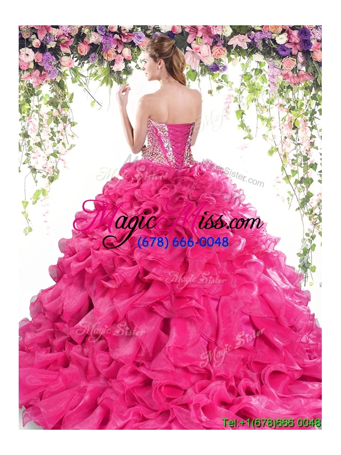 wholesale elegant big puffy hot pink quinceanera dress with ruffles and beading
