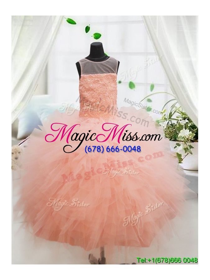 wholesale cheap zipper up laced and ruffled peach little girl pageant dress in tulle