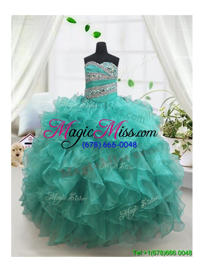 wholesale pretty beaded and ruffled turquoise little girl pageant dress in organza