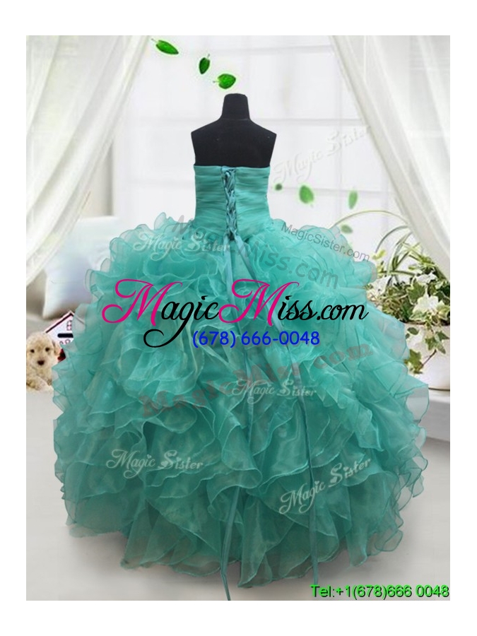 wholesale pretty beaded and ruffled turquoise little girl pageant dress in organza