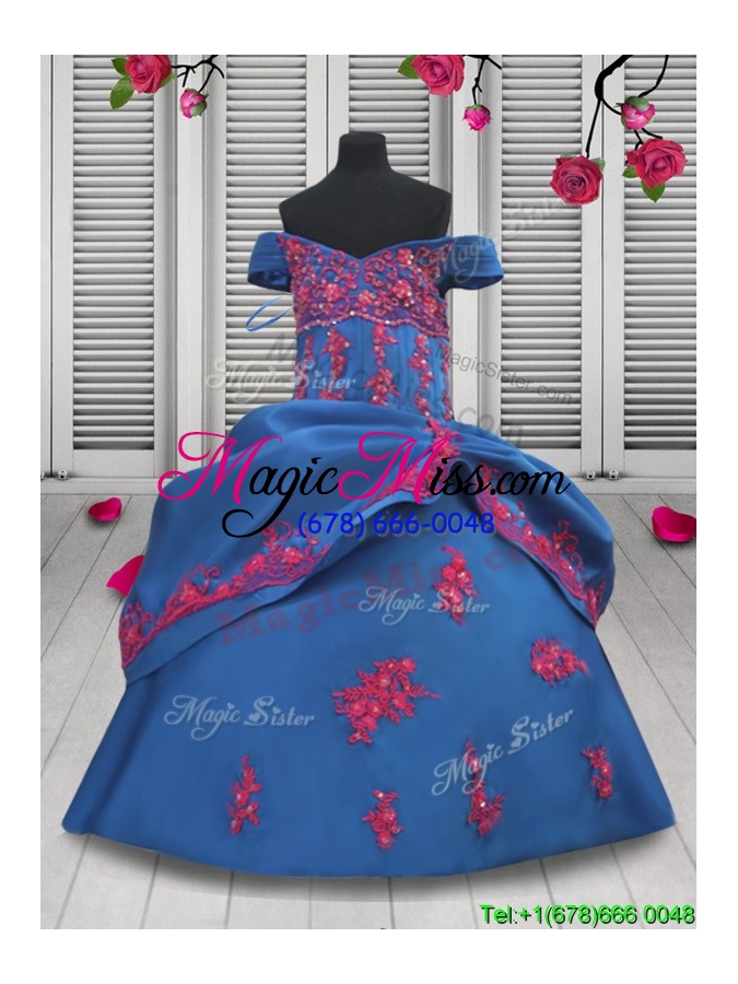 wholesale infant applique off the shoulder blue little girl pageant dress in taffeta