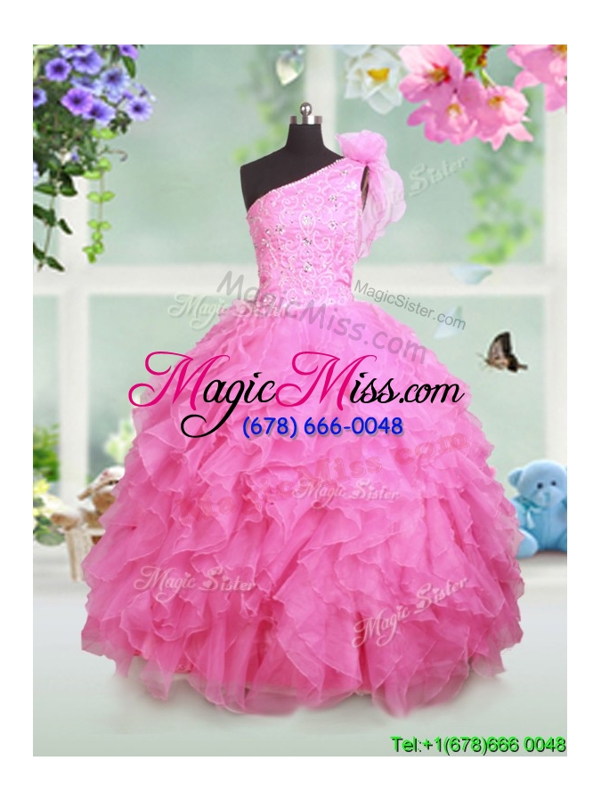 wholesale classical one shoulder beaded and ruffled little girl pageant dress in rose pink