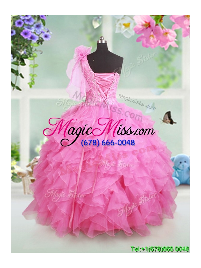 wholesale classical one shoulder beaded and ruffled little girl pageant dress in rose pink