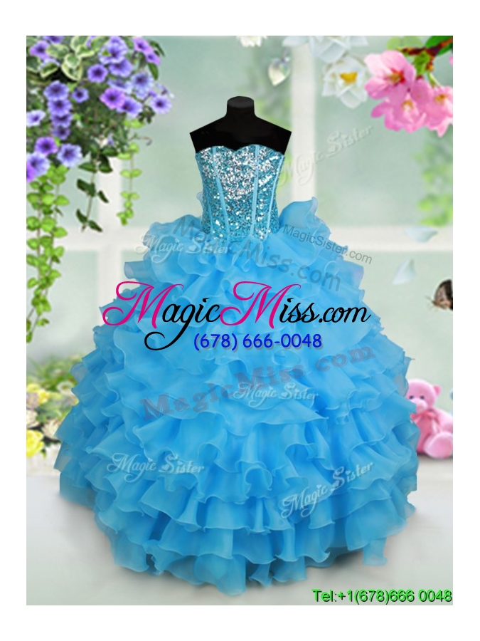 wholesale fashionable visible boning strapless baby blue little girl pageant dress with ruffled layers