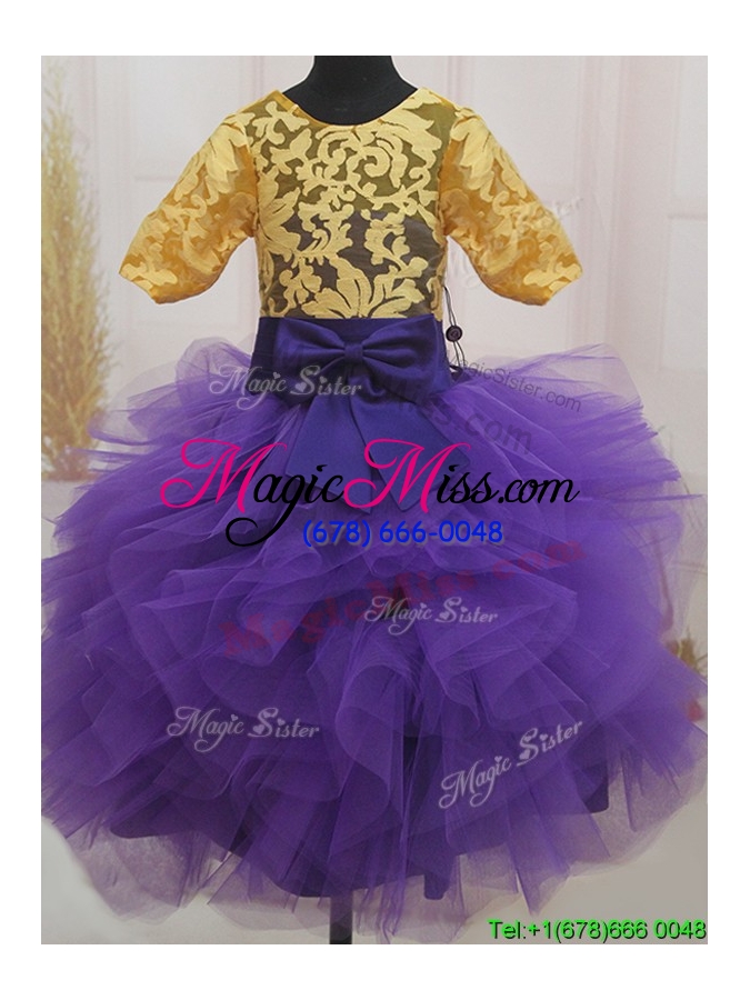 wholesale bowknot and laced eggplant purple and gold little girl pageant dress with short sleeves