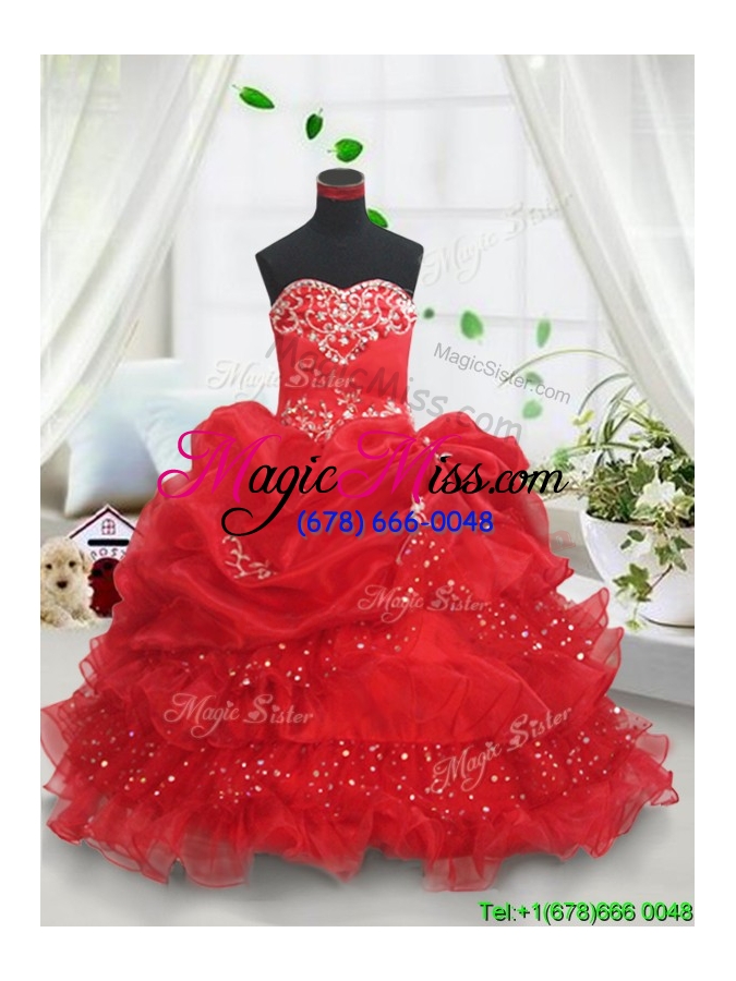 wholesale latest ruffled layers and bubble sequined flower girl dress in red
