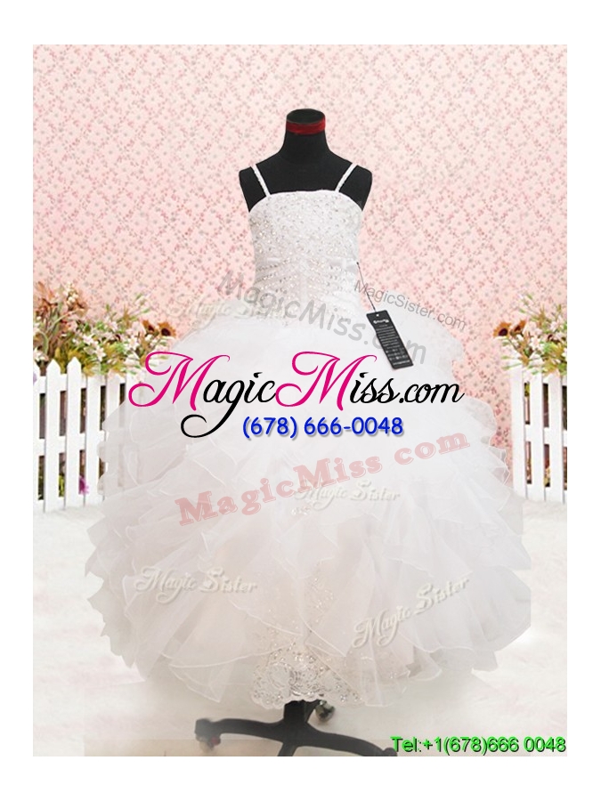 wholesale popular strapless straps white flower girl dress with beading and ruffles