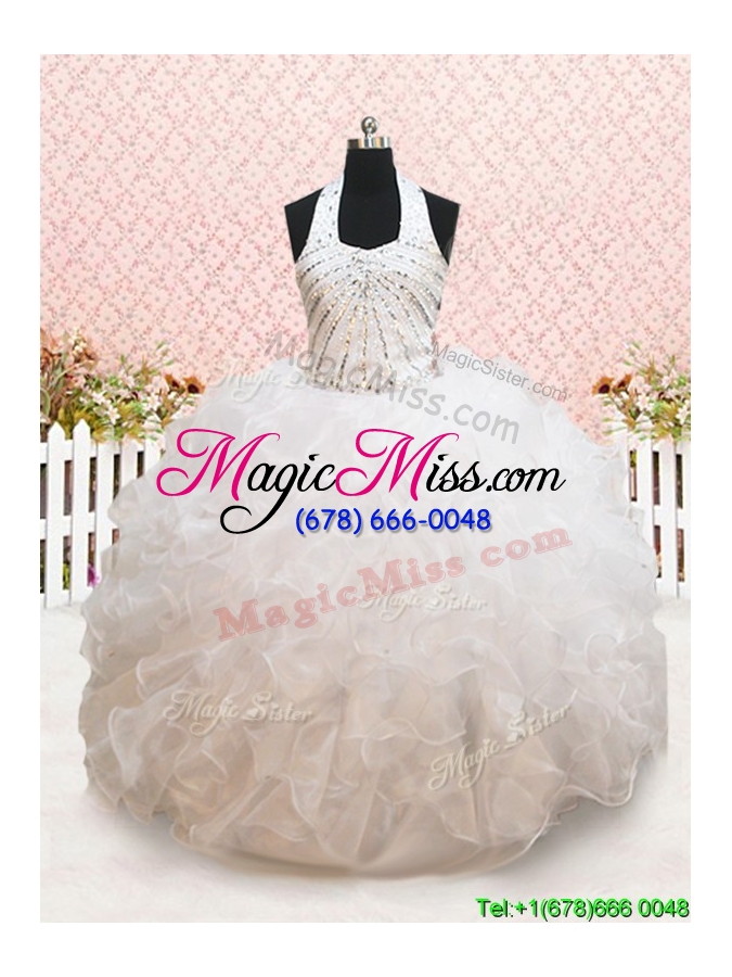 wholesale new halter top beaded and ruffled white flower girl dress in organza