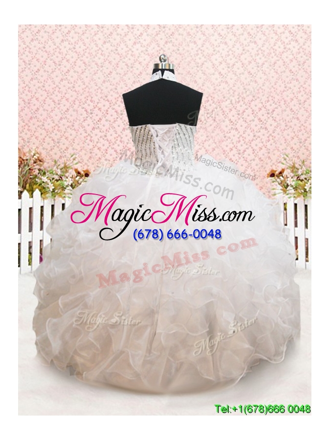 wholesale new halter top beaded and ruffled white flower girl dress in organza