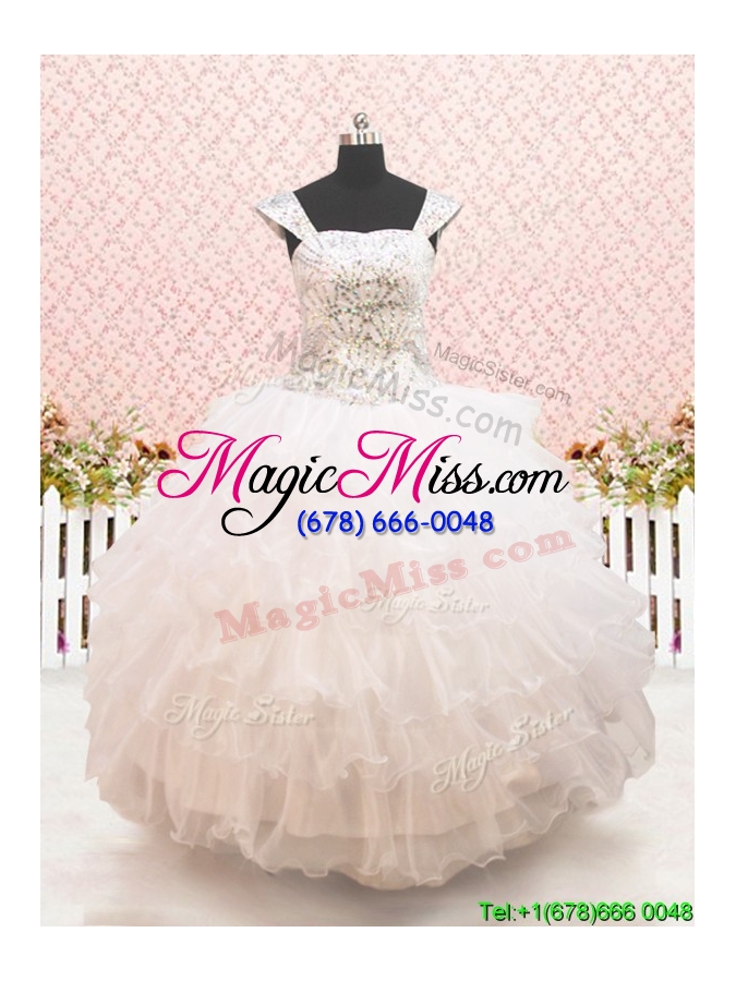 wholesale straps cap sleeves white flower girl dress with beading and ruffled layers
