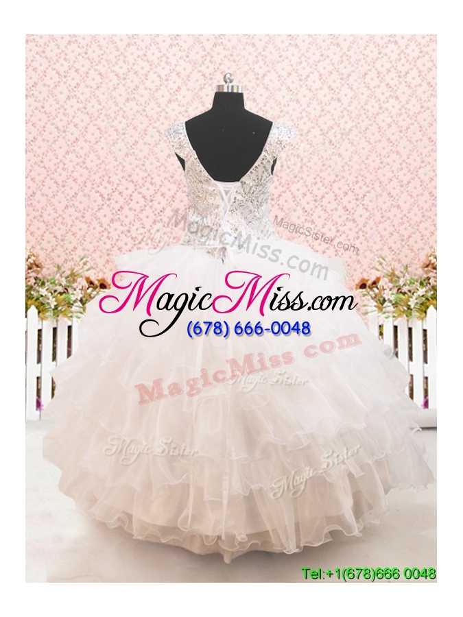 wholesale straps cap sleeves white flower girl dress with beading and ruffled layers