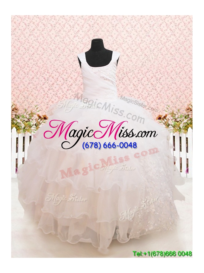 wholesale beaded and sequined white flower girl dress with ruffled layers