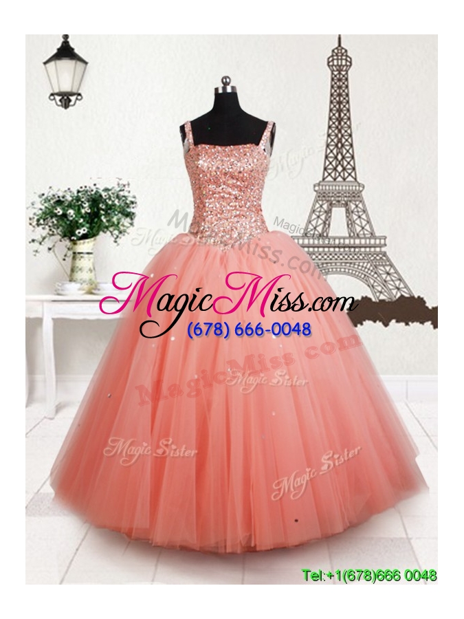 wholesale latest square beaded bodice tulle flower girl dress in peach
