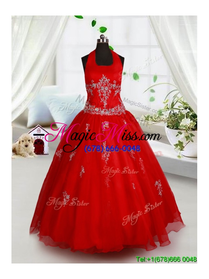 wholesale hot sale halter top beaded and applique flower girl dress in red