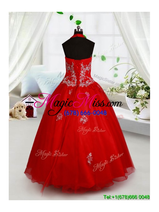 wholesale hot sale halter top beaded and applique flower girl dress in red