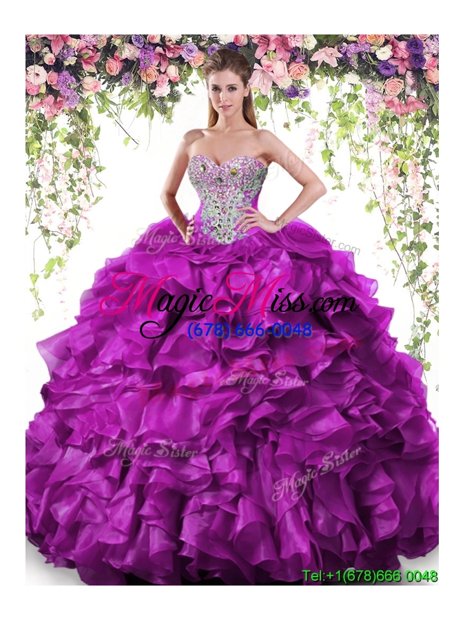 wholesale classical beaded and ruffled organza quinceanera dress in dark purple