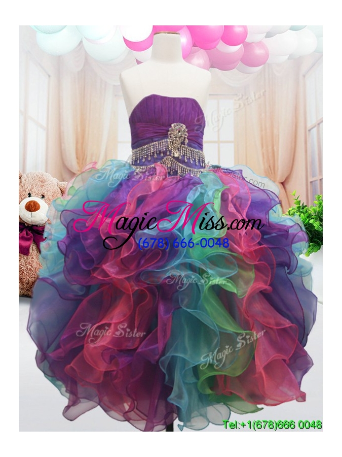 wholesale lovely strapless rainbow colored little girl pageant dress with beading and ruffles