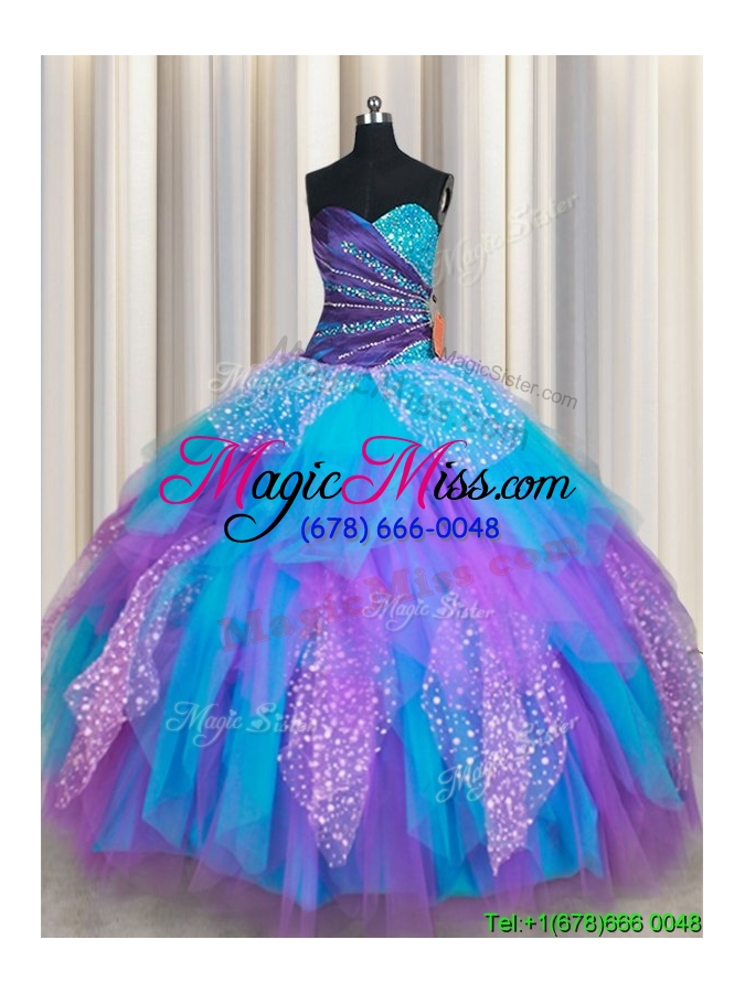 wholesale 2017 elegant beaded and ruffled rainbow colored quinceanera dress in tulle and sequins
