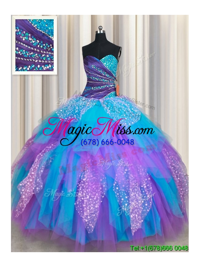 wholesale 2017 elegant beaded and ruffled rainbow colored quinceanera dress in tulle and sequins