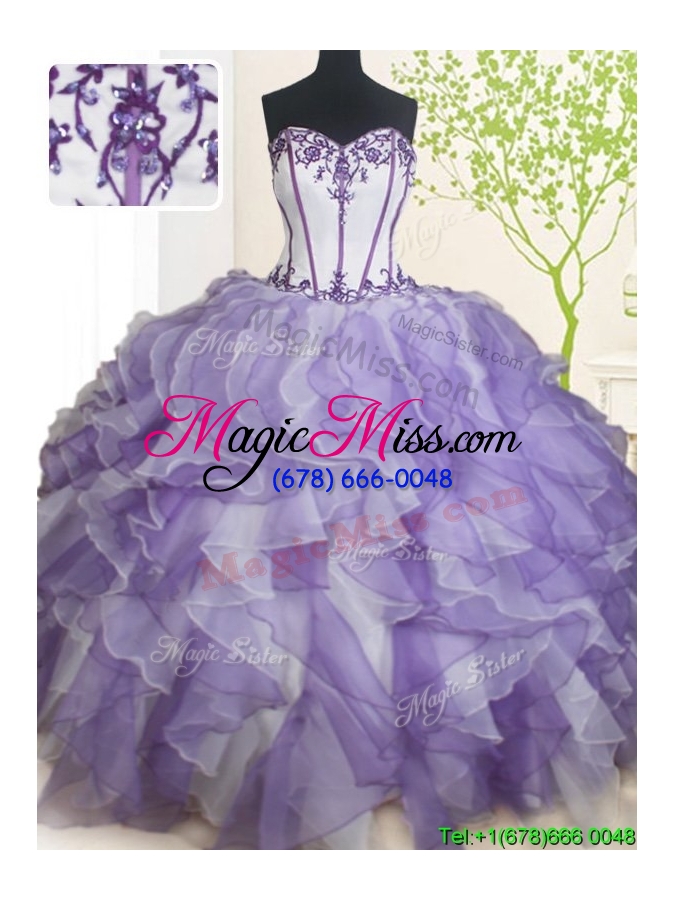 wholesale 2017 luxurious visible boning beaded and ruffled quinceanera dress in white and purple