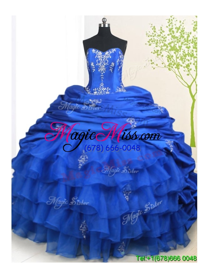 wholesale 2017 popular ruffled layers and bubble royal blue quinceanera dress with court train