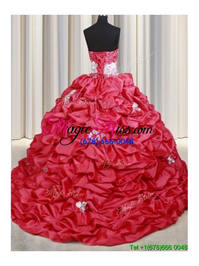 wholesale 2017 new style applique and bubble taffeta coral red quinceanera dress with brush train