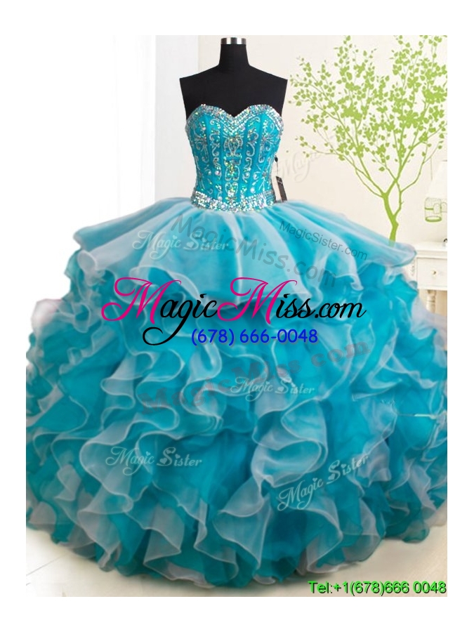 wholesale 2017 best selling ruffled and beaded teal and white detachable quinceanera dresses with brush train