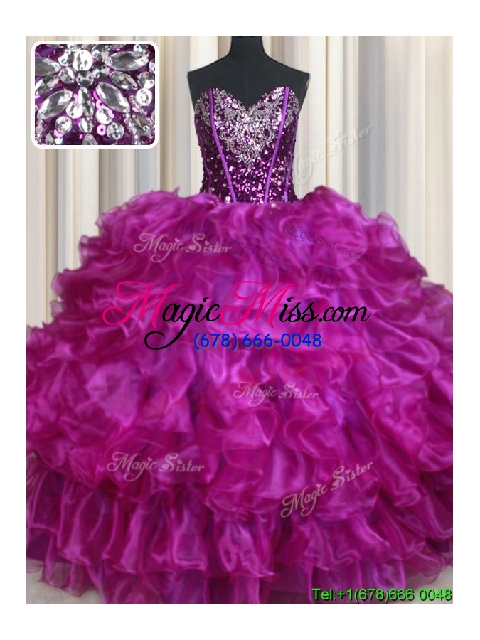 wholesale 2017 visible boning beaded and sequined organza purple quinceanera dress with ruffles