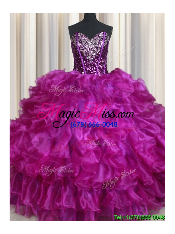 wholesale 2017 visible boning beaded and sequined organza purple quinceanera dress with ruffles