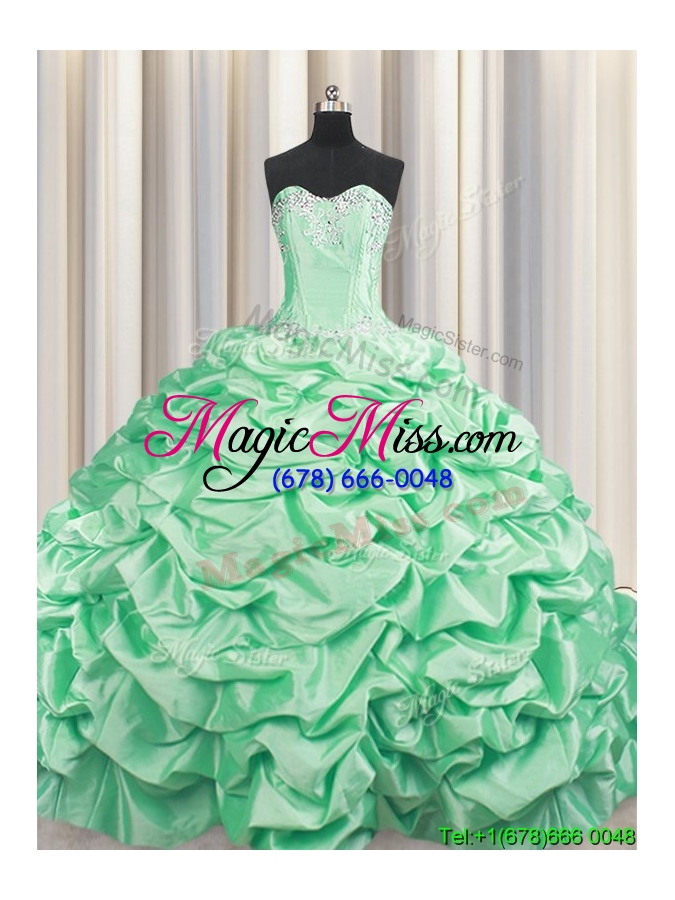 wholesale 2017 popular beaded and bubble taffeta apple green quinceanera dress with brush train