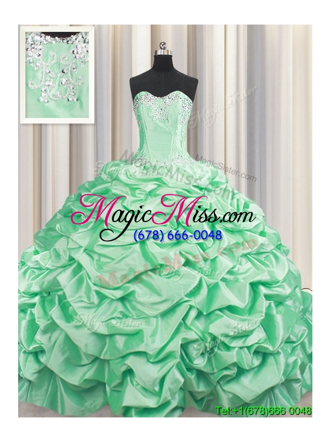 wholesale 2017 popular beaded and bubble taffeta apple green quinceanera dress with brush train