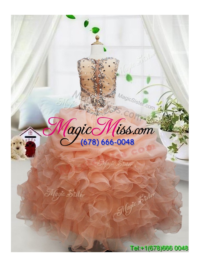 wholesale see through back beaded decorated straps little girl pageant dress with ruffles