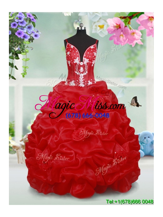 wholesale romantic spaghetti straps handmade flowers and bubble red little girl pageant dress