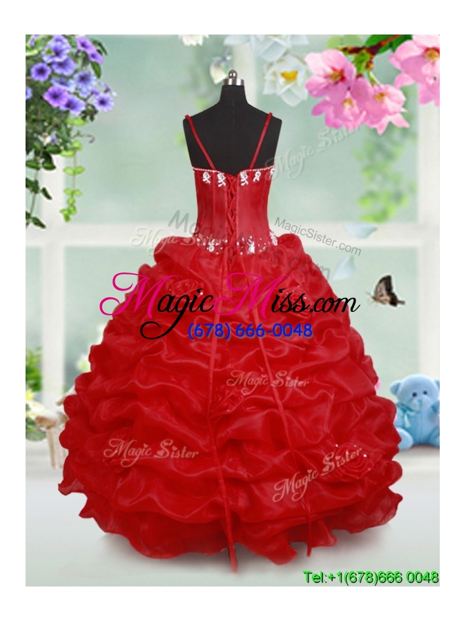 wholesale romantic spaghetti straps handmade flowers and bubble red little girl pageant dress