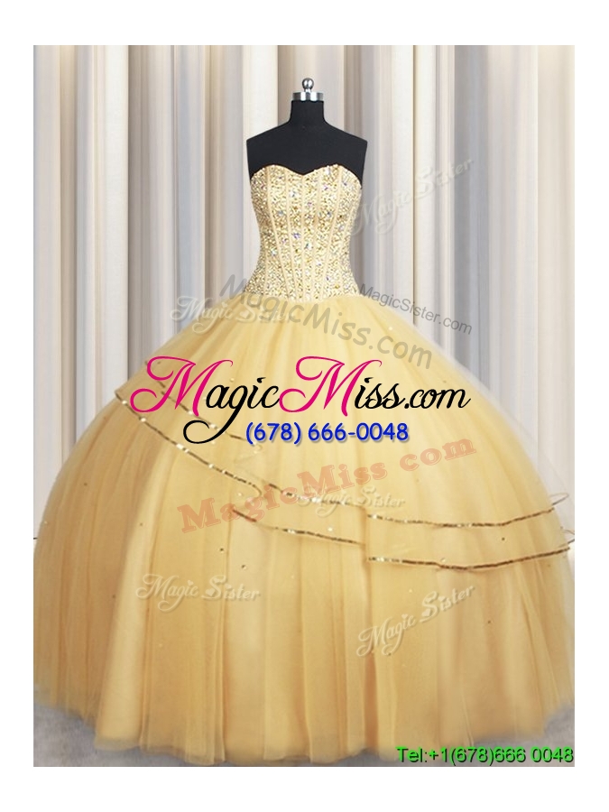 wholesale 2017 new style visible boning sequined and beaded bodice tulle quinceanera dress in gold