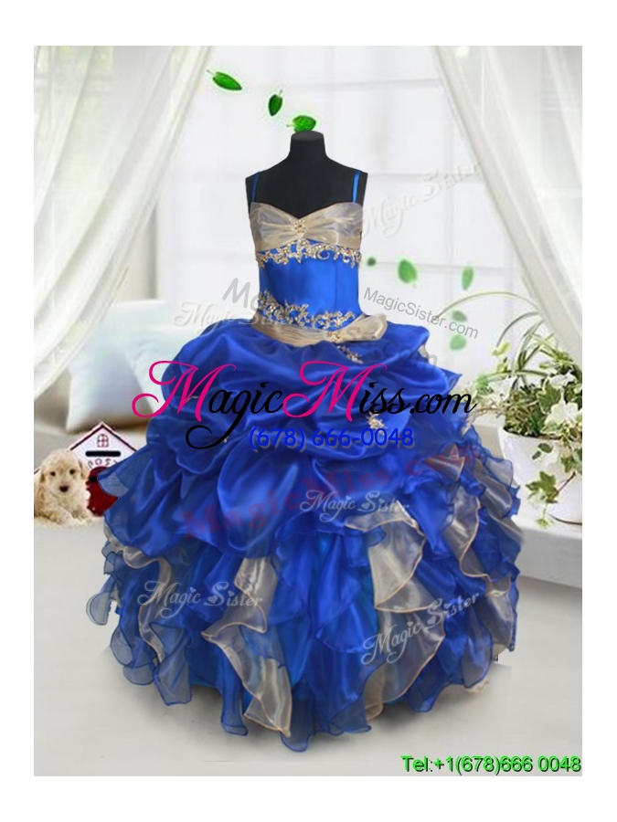 wholesale ruffled and bubble spaghetti straps little girl pageant dress in blue and champagne