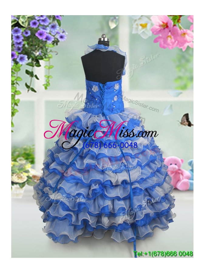 wholesale popular halter top ruffled layers organza blue and white little girl pageant dress