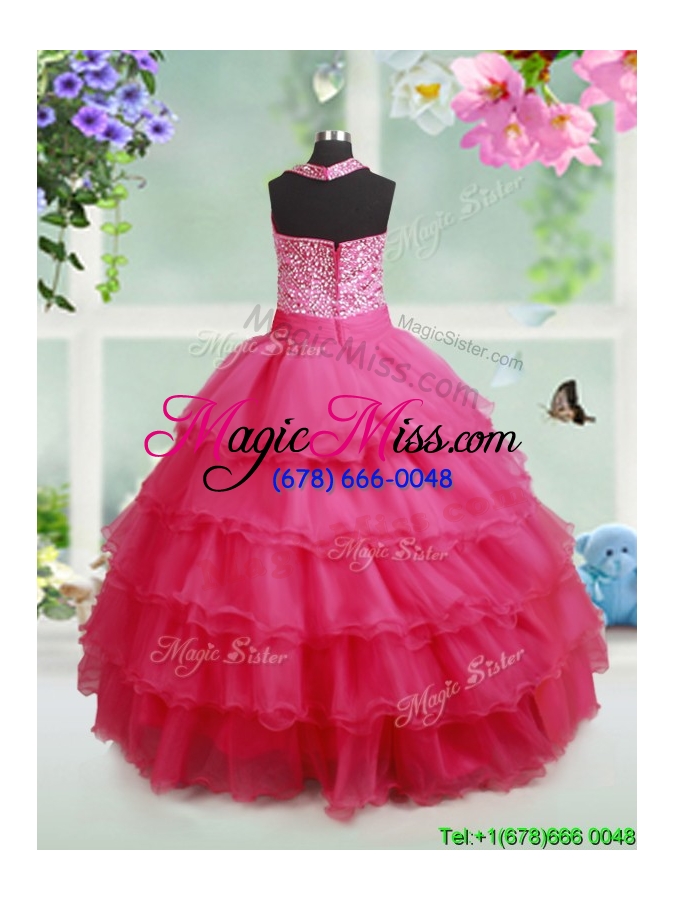 wholesale beaded bodice and ruffled layers halter top little girl pageant dress in hot pink