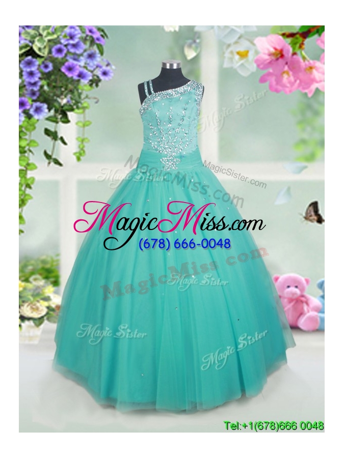wholesale beautiful asymmetrical neck beaded turquoise little girl pageant dress in tulle