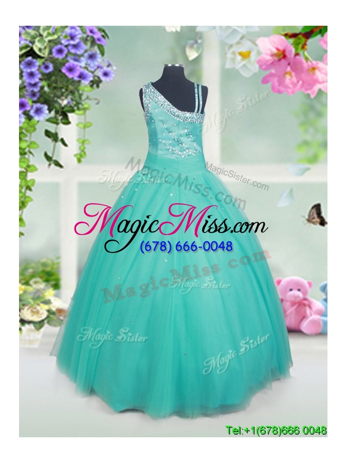 wholesale beautiful asymmetrical neck beaded turquoise little girl pageant dress in tulle