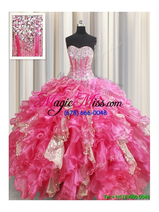 wholesale 2017 best selling visible boning ruffled hot pink quinceanera dress in organza and sequins