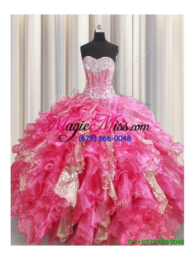 wholesale 2017 best selling visible boning ruffled hot pink quinceanera dress in organza and sequins