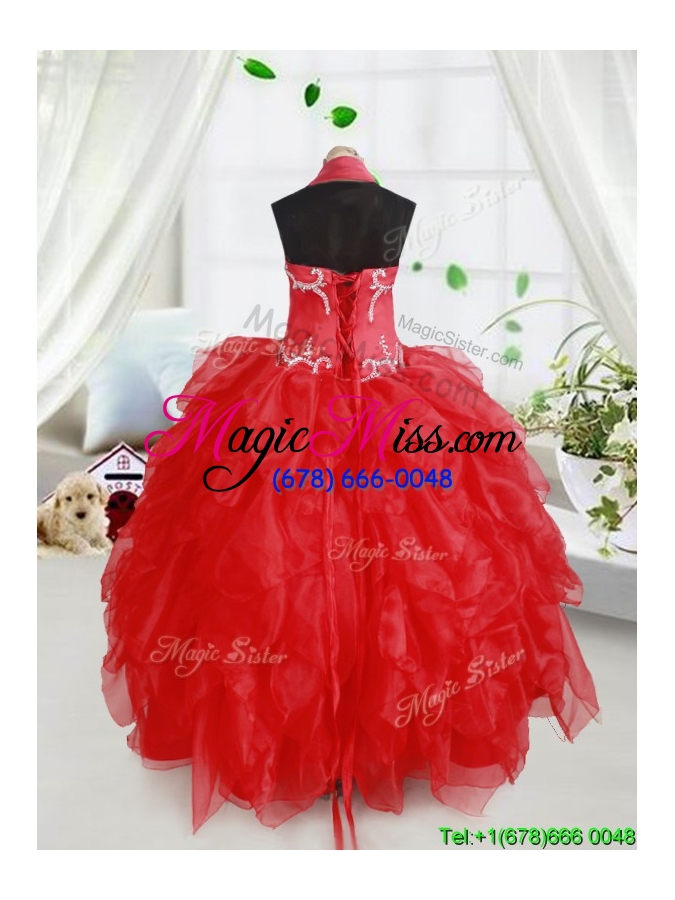 wholesale pretty beaded and ruffled halter top red little girl pageant dress in organza