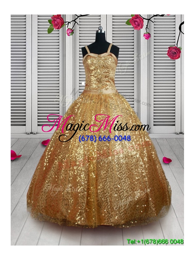 wholesale new style straps gold little girl pageant dress in tulle and sequins