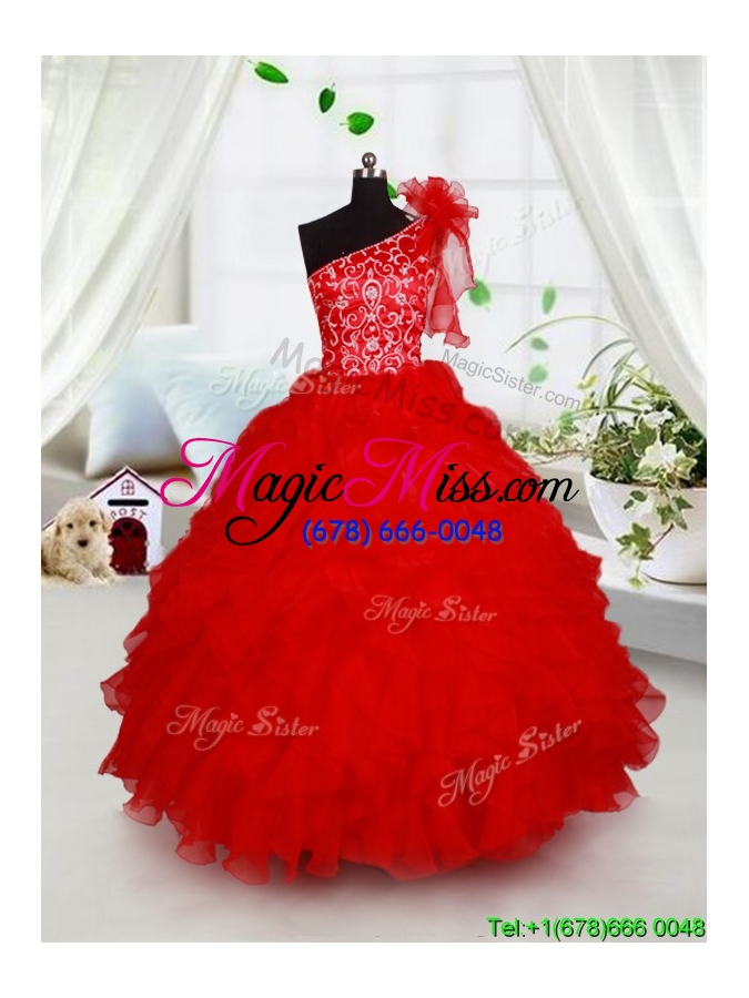 wholesale one shoulder handmade flower little girl pageant dress with beading and ruffles