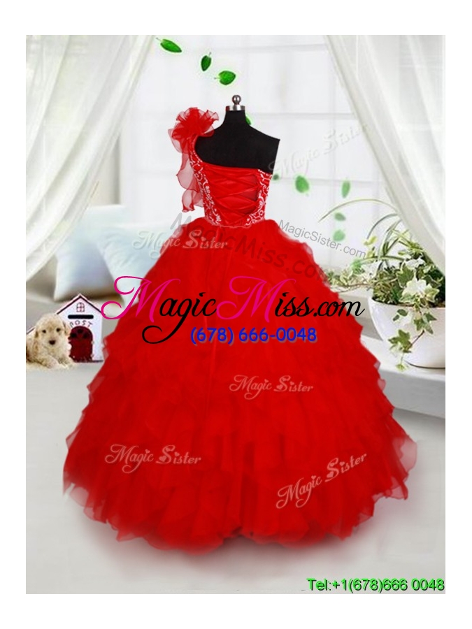 wholesale one shoulder handmade flower little girl pageant dress with beading and ruffles