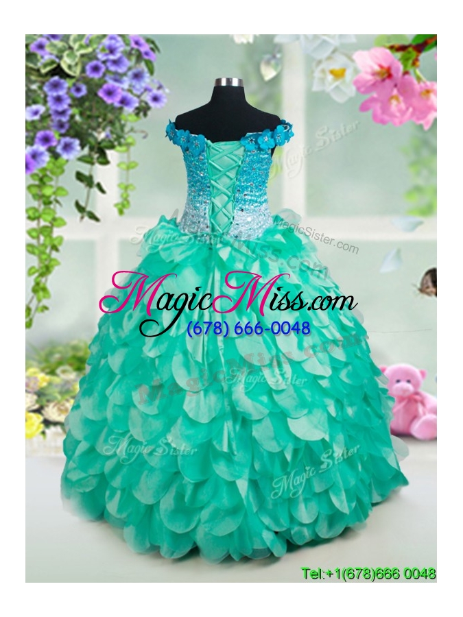 wholesale applique decorated off the shoulder little girl pageant dress with beaded bodice