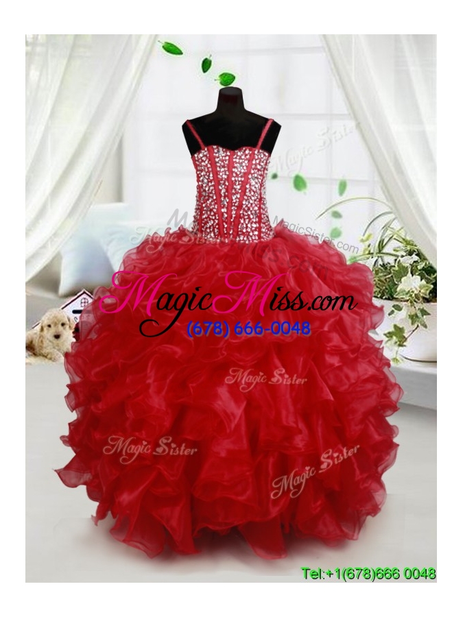 wholesale visible boning beaded bodice and ruffled little girl pageant dress with spaghetti straps