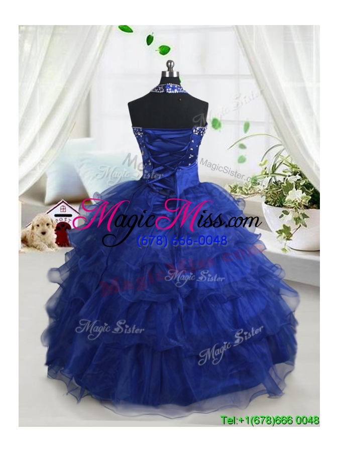 wholesale new halter top beaded and ruffled layers little girl pageant dress in royal blue